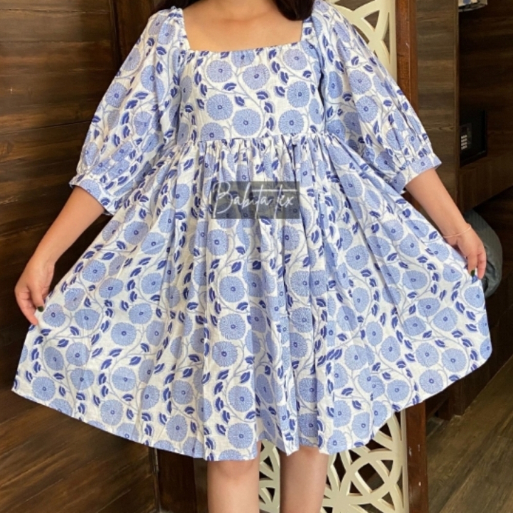 Square neck babydoll floral blue 100% cotton block print midi dress